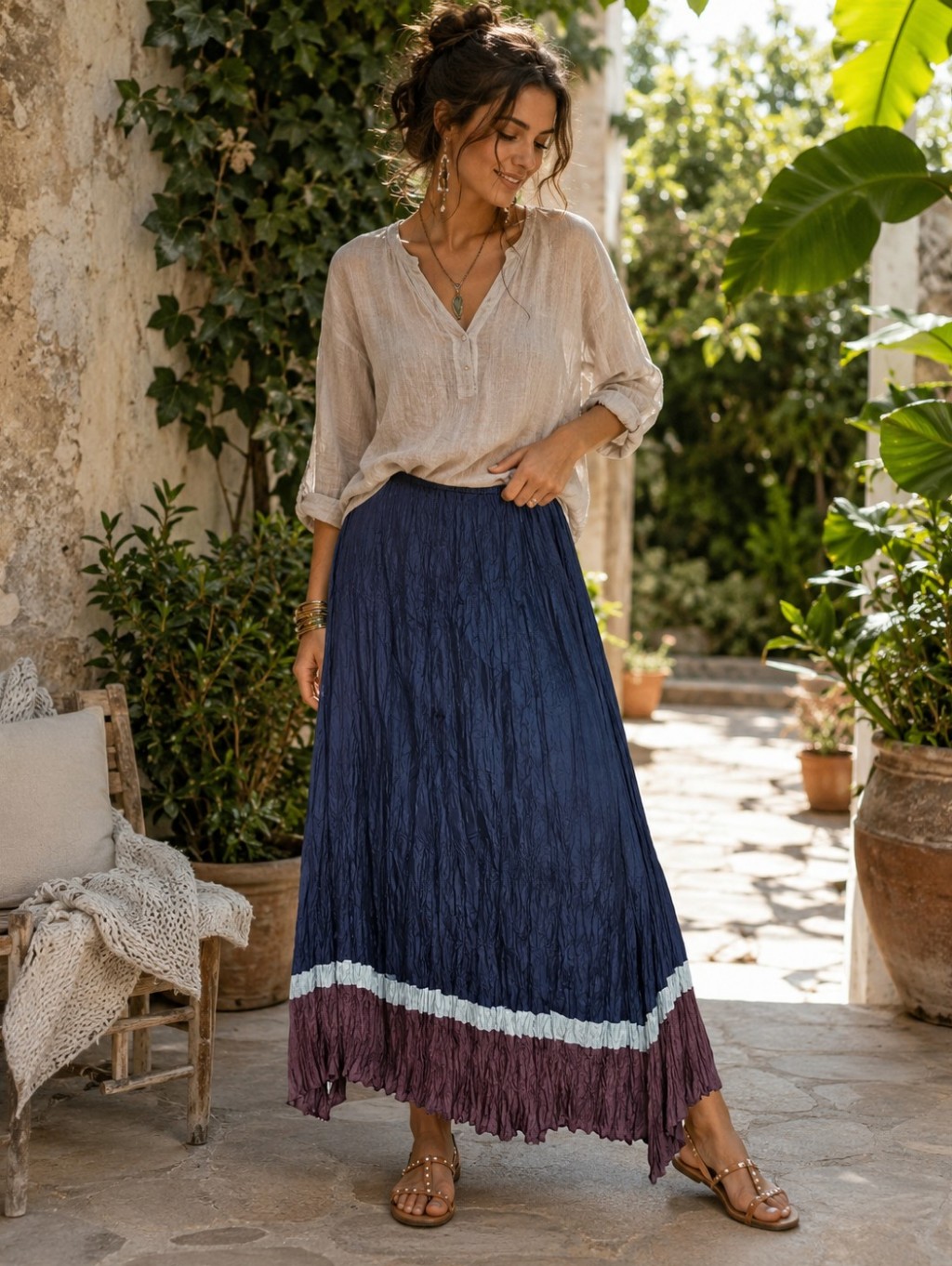 Boho Tiered Crinkled Maxi Skirt - Navy With Plum Trim